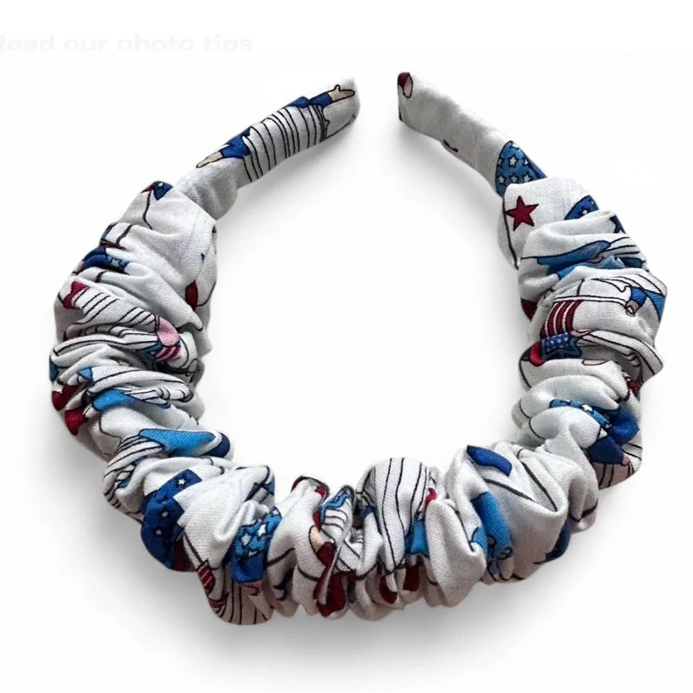 Patriotic Red and Blue Pattern Hair Scrunchies and Headband Set. Handmade.